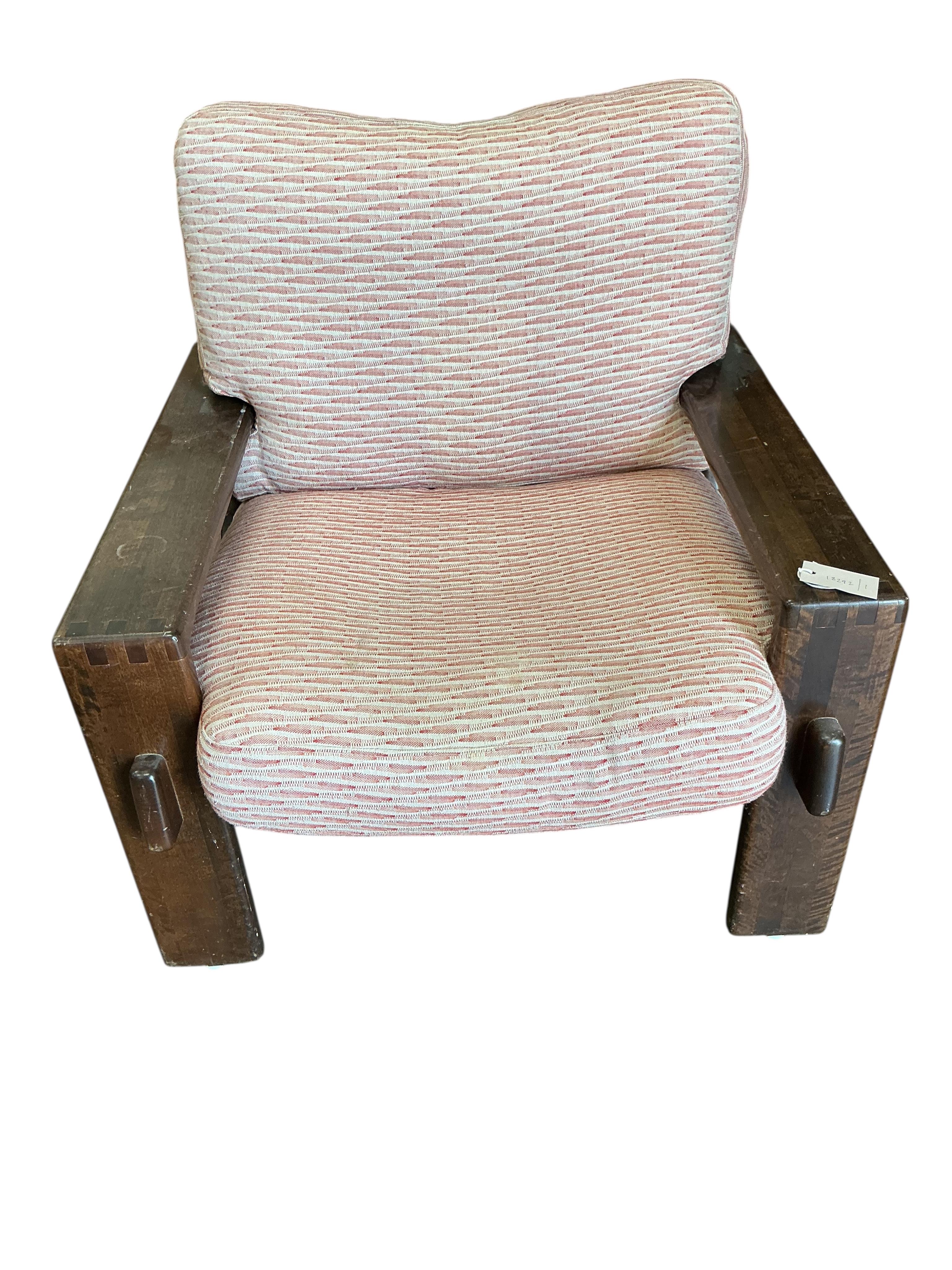 A pair of Arts & Crafts style walnut armchairs with loose cushion seats and backs, width 80cm, depth 80cm, height 85cm